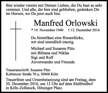 Anzeige von Manfred Orlowski von Kölner Stadt-Anzeiger / Kölnische Rundschau / Express
