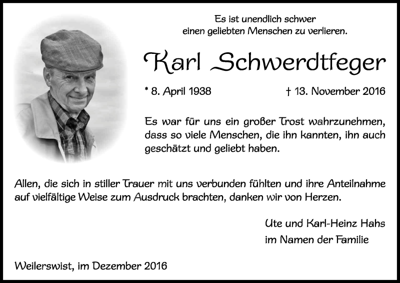  Traueranzeige für Karl Schwerdtfeger vom 17.12.2016 aus Kölner Stadt-Anzeiger / Kölnische Rundschau / Express