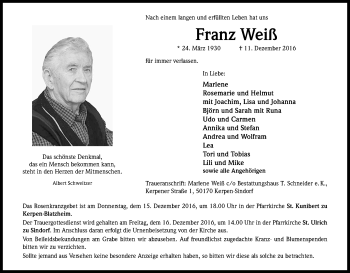 Anzeige von Franz Weiß von Kölner Stadt-Anzeiger / Kölnische Rundschau / Express
