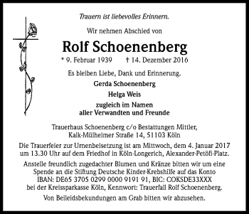 Anzeige von Rolf Schoenenberg von Kölner Stadt-Anzeiger / Kölnische Rundschau / Express