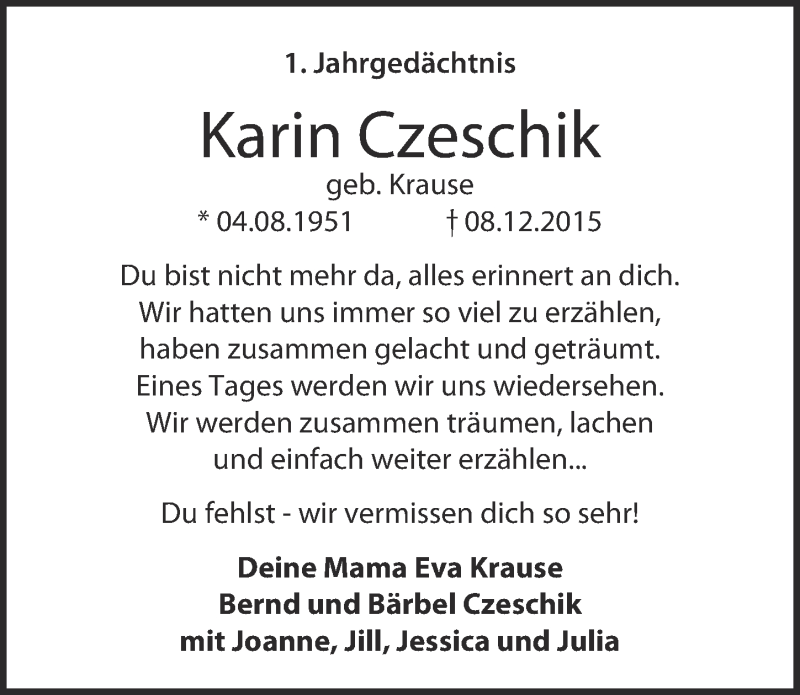  Traueranzeige für Karin Czeschik vom 10.12.2016 aus  Blickpunkt Euskirchen  Sonntags-Post 