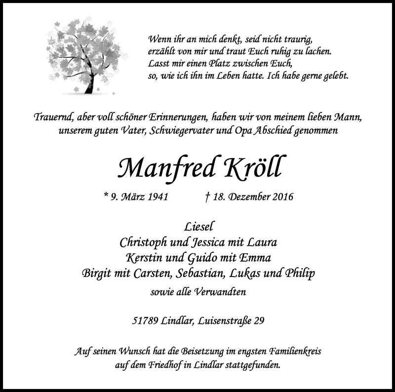  Traueranzeige für Manfred Kröll vom 31.12.2016 aus Kölner Stadt-Anzeiger / Kölnische Rundschau / Express