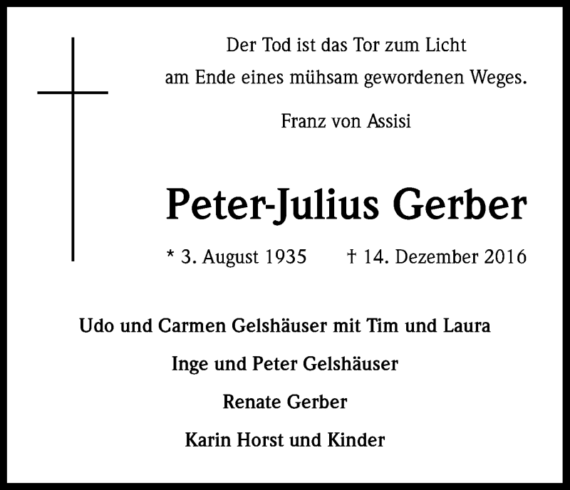  Traueranzeige für Peter-Julius Gerber vom 17.12.2016 aus Kölner Stadt-Anzeiger / Kölnische Rundschau / Express