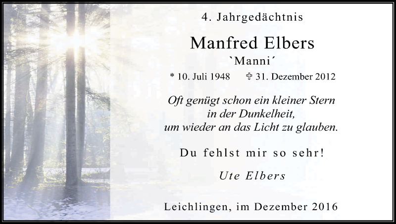  Traueranzeige für Manfred Elbers vom 31.12.2016 aus Kölner Stadt-Anzeiger / Kölnische Rundschau / Express