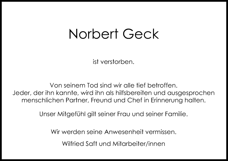  Traueranzeige für Norbert Geck vom 31.12.2016 aus Kölner Stadt-Anzeiger / Kölnische Rundschau / Express
