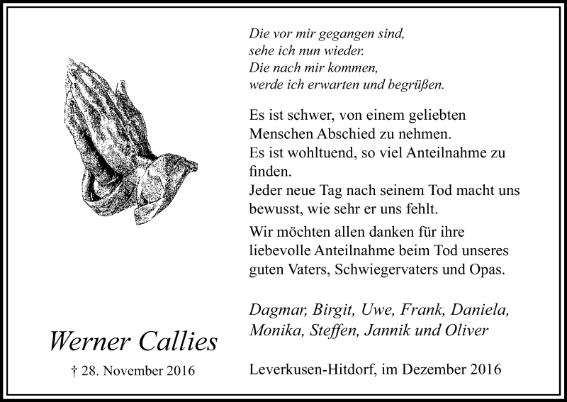  Traueranzeige für Werner Callies vom 21.12.2016 aus Kölner Stadt-Anzeiger / Kölnische Rundschau / Express
