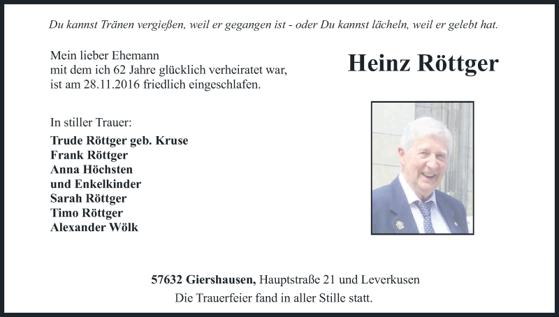  Traueranzeige für Heinz Röttger vom 10.12.2016 aus Kölner Stadt-Anzeiger / Kölnische Rundschau / Express
