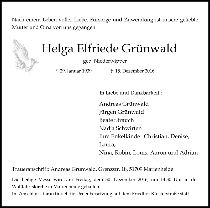  Traueranzeige für Helga Elfriede Grünwald vom 23.12.2016 aus Kölner Stadt-Anzeiger / Kölnische Rundschau / Express