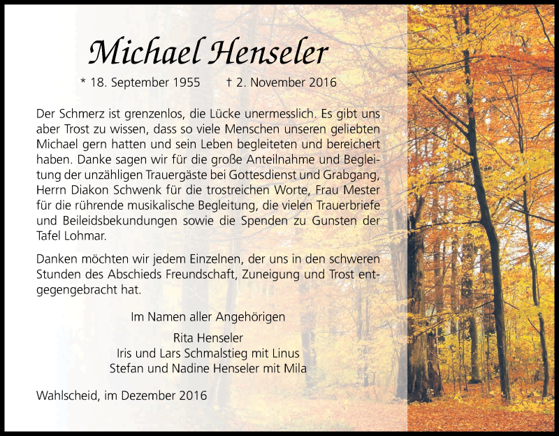  Traueranzeige für Michael Henseler vom 03.12.2016 aus Kölner Stadt-Anzeiger / Kölnische Rundschau / Express