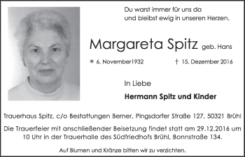 Anzeige von Margareta Spitz von  Schlossbote/Werbekurier 