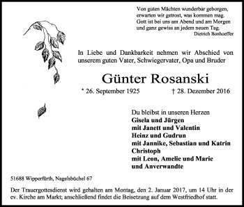 Anzeige von Günter Rosanski von Kölner Stadt-Anzeiger / Kölnische Rundschau / Express