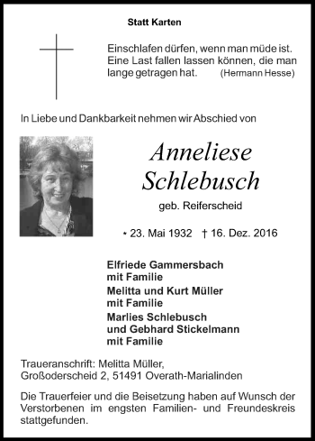 Anzeige von Anneliese Schlebusch von Kölner Stadt-Anzeiger / Kölnische Rundschau / Express