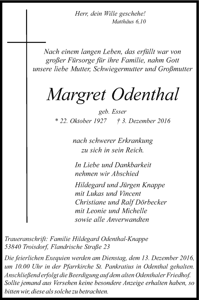  Traueranzeige für Margret Odenthal vom 07.12.2016 aus Kölner Stadt-Anzeiger / Kölnische Rundschau / Express