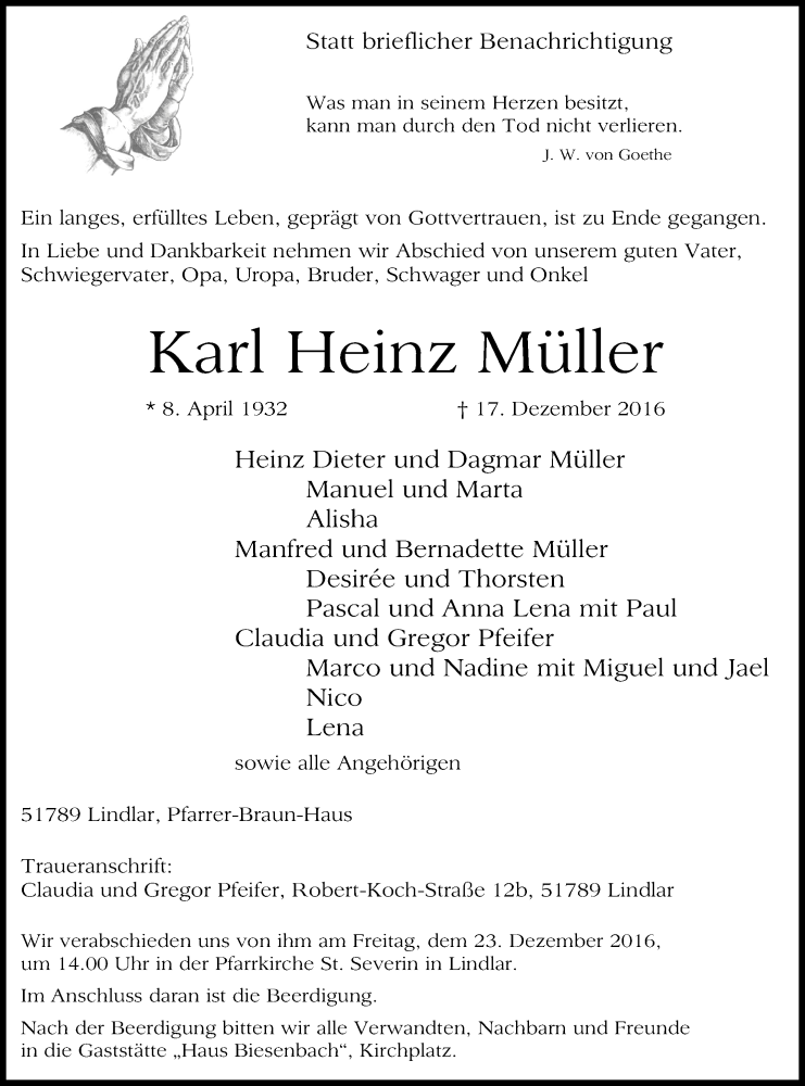  Traueranzeige für Karl-Heinz Müller vom 20.12.2016 aus Kölner Stadt-Anzeiger / Kölnische Rundschau / Express