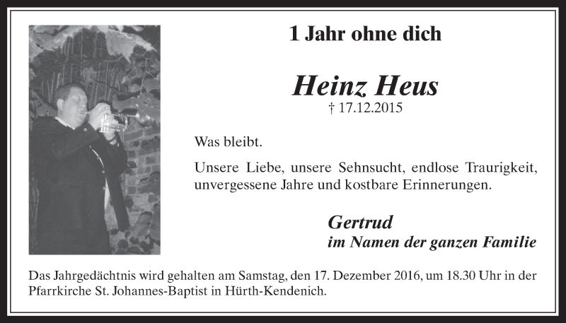  Traueranzeige für Heinz Heus vom 14.12.2016 aus  Wochenende 