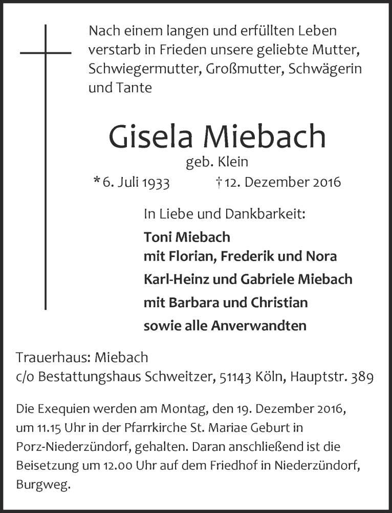  Traueranzeige für Gisela Miebach vom 14.12.2016 aus  Kölner Wochenspiegel 