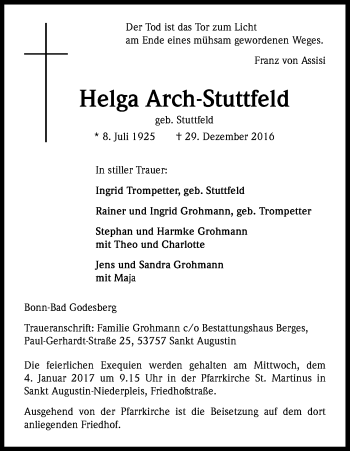 Anzeige von Helga Arch-Stuttfeld von Kölner Stadt-Anzeiger / Kölnische Rundschau / Express