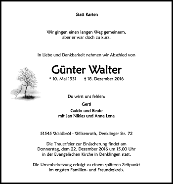 Anzeige von Günter Walter von Kölner Stadt-Anzeiger / Kölnische Rundschau / Express
