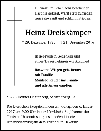 Anzeige von Heinz Dreiskämper von Kölner Stadt-Anzeiger / Kölnische Rundschau / Express