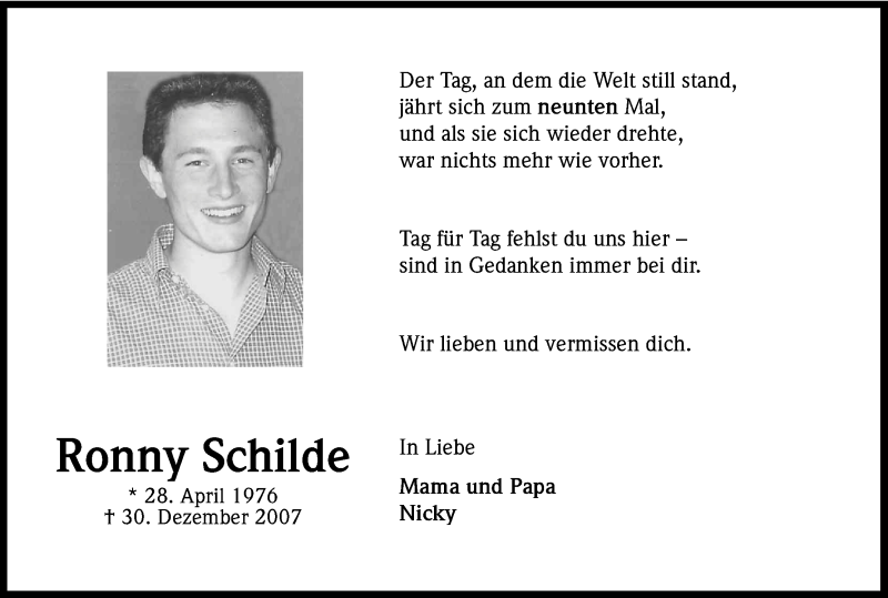  Traueranzeige für Ronny Schilde vom 30.12.2016 aus Kölner Stadt-Anzeiger / Kölnische Rundschau / Express