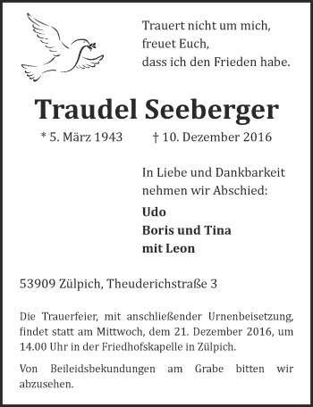 Anzeige von Traudel Seeberger von  Blickpunkt Euskirchen 