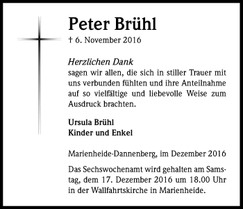 Anzeige von Peter Brühl von Kölner Stadt-Anzeiger / Kölnische Rundschau / Express
