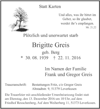 Anzeige von Brigitte Greis von  Leverkusener Wochenende 