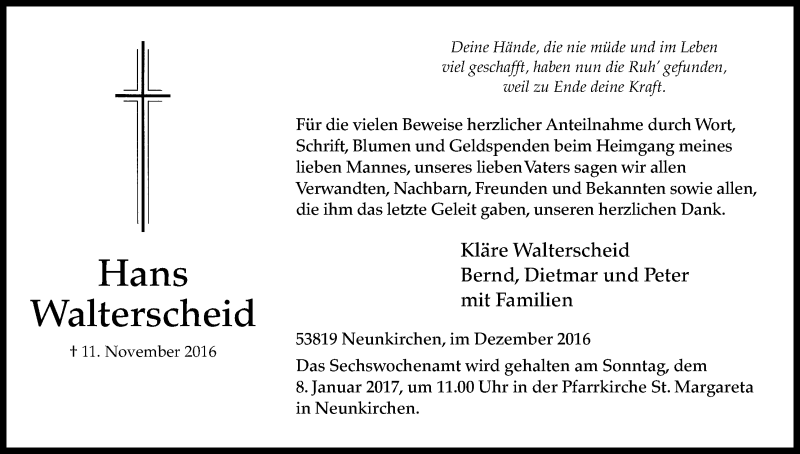  Traueranzeige für Hans Walterscheid vom 22.12.2016 aus Kölner Stadt-Anzeiger / Kölnische Rundschau / Express