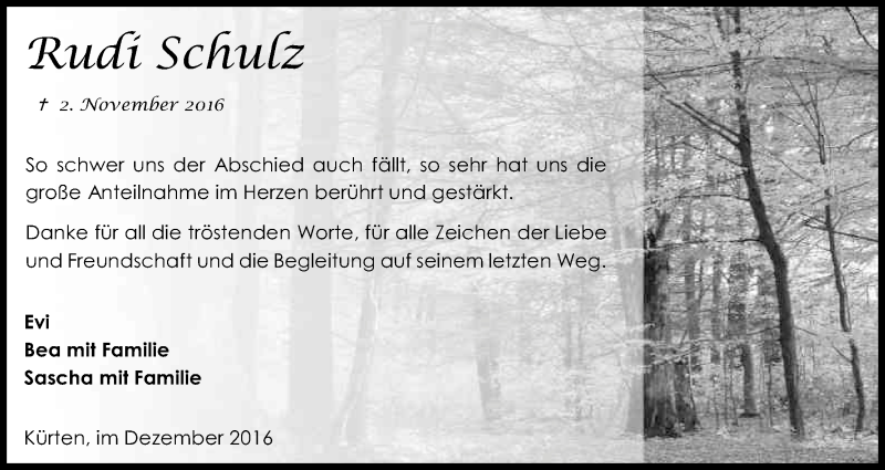  Traueranzeige für Rudi Schulz vom 10.12.2016 aus Kölner Stadt-Anzeiger / Kölnische Rundschau / Express