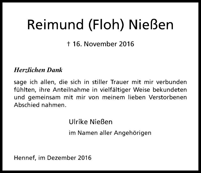  Traueranzeige für Reimund Floh Nießen vom 17.12.2016 aus Kölner Stadt-Anzeiger / Kölnische Rundschau / Express