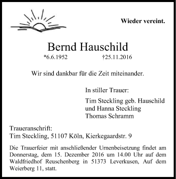 Anzeige von Bernd Hauschild von Kölner Stadt-Anzeiger / Kölnische Rundschau / Express