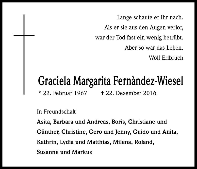  Traueranzeige für Graciela Fernàndez-Wiesel vom 31.12.2016 aus Kölner Stadt-Anzeiger / Kölnische Rundschau / Express