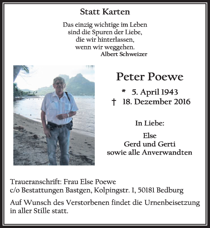  Traueranzeige für Peter Poewe vom 24.12.2016 aus  Sonntags-Post 