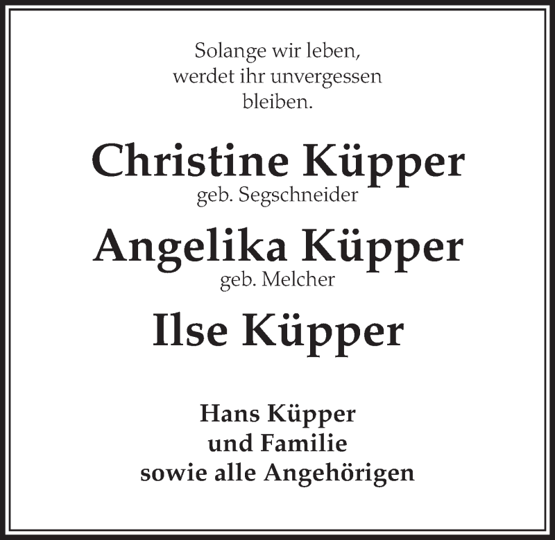  Traueranzeige für Christine/Angelika/Ilse Küpper vom 07.12.2016 aus  Schlossbote/Werbekurier 