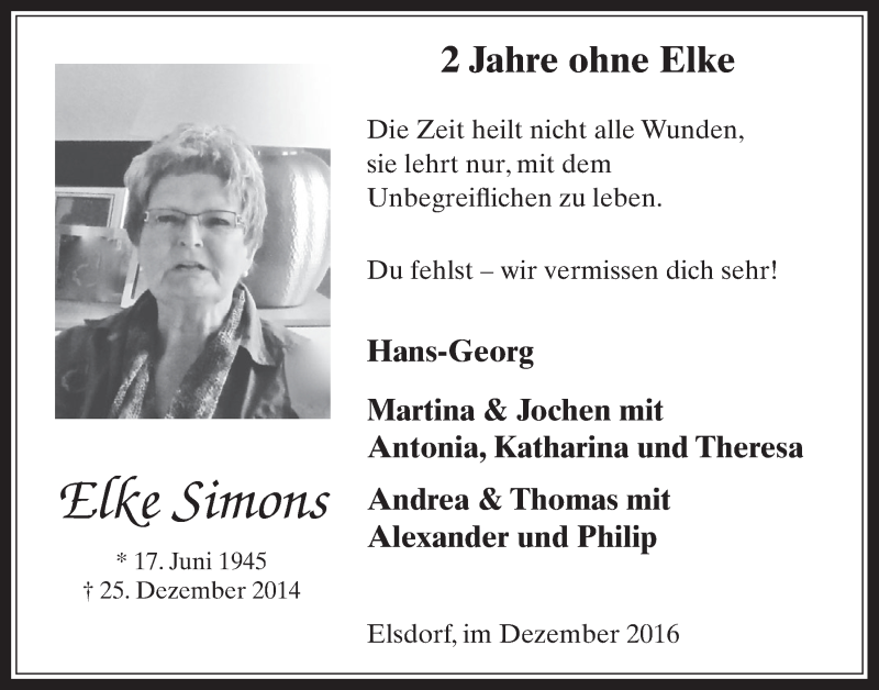  Traueranzeige für Elke Simons vom 21.12.2016 aus  Werbepost 