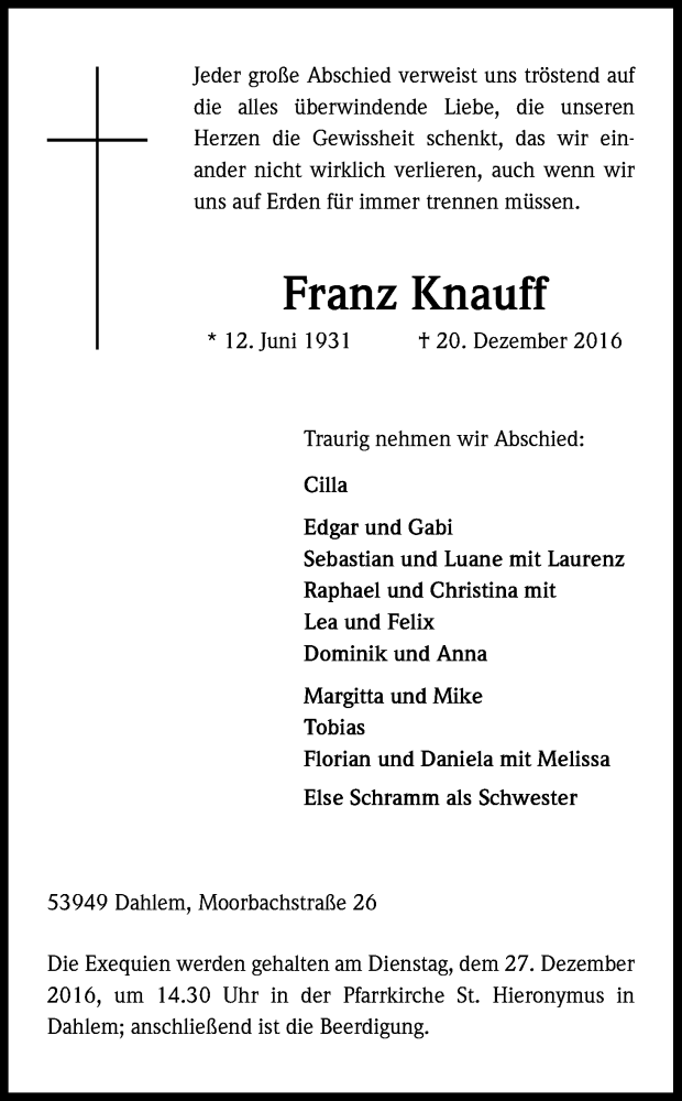  Traueranzeige für Franz Knauff vom 23.12.2016 aus Kölner Stadt-Anzeiger / Kölnische Rundschau / Express