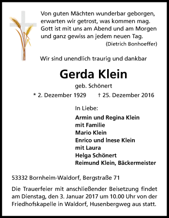 Anzeige von Gerda Klein von Kölner Stadt-Anzeiger / Kölnische Rundschau / Express