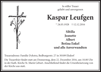 Anzeige von Kaspar Leufgen von  Sonntags-Post 