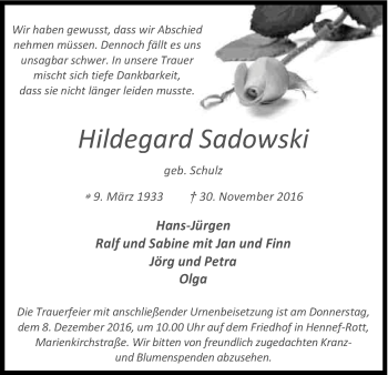 Anzeige von Hildegard Sadowski von Kölner Stadt-Anzeiger / Kölnische Rundschau / Express