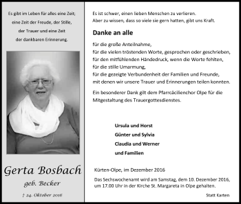 Anzeige von Gerta Bosbach von Kölner Stadt-Anzeiger / Kölnische Rundschau / Express