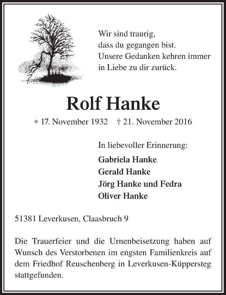  Traueranzeige für Rolf Hanke vom 14.12.2016 aus  Lokale Informationen 