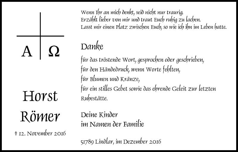  Traueranzeige für Horst Römer vom 17.12.2016 aus Kölner Stadt-Anzeiger / Kölnische Rundschau / Express