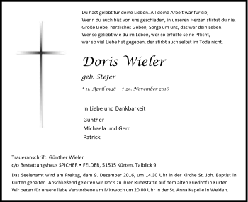 Anzeige von Doris Wieler von Kölner Stadt-Anzeiger / Kölnische Rundschau / Express
