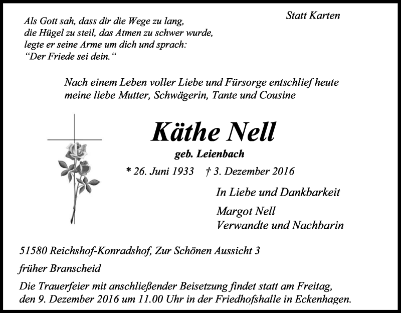  Traueranzeige für Käthe Nell vom 06.12.2016 aus Kölner Stadt-Anzeiger / Kölnische Rundschau / Express