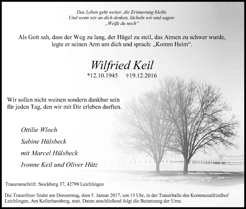  Traueranzeige für Wilfried Keil vom 31.12.2016 aus Kölner Stadt-Anzeiger / Kölnische Rundschau / Express