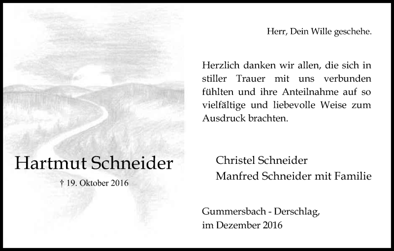  Traueranzeige für Hartmut Schneider vom 10.12.2016 aus Kölner Stadt-Anzeiger / Kölnische Rundschau / Express