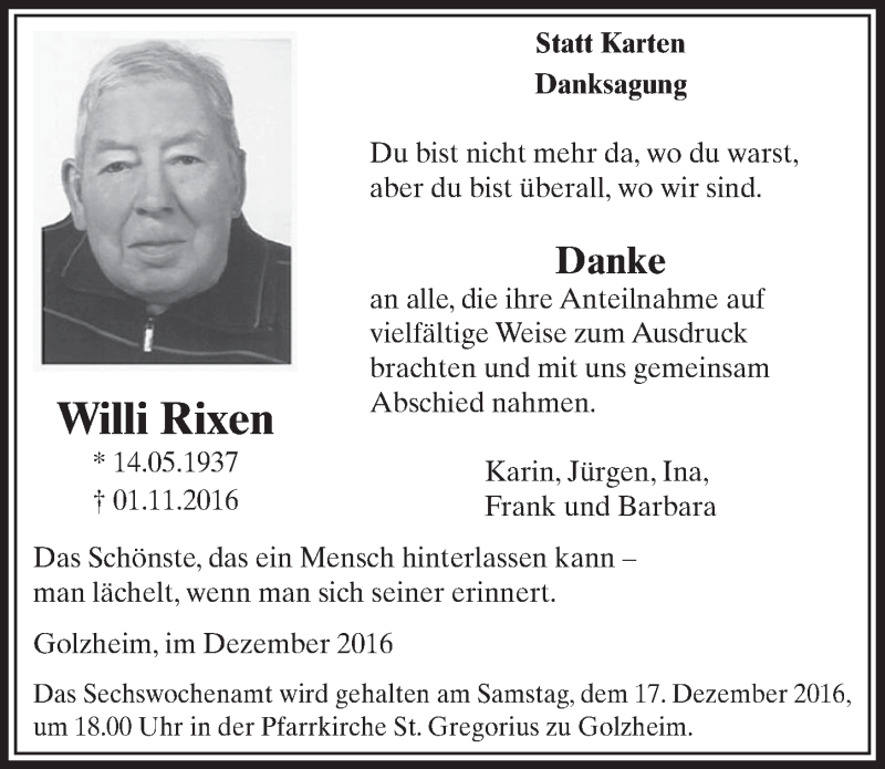 Traueranzeige für Willi Rixen vom 10.12.2016 aus  Sonntags-Post 