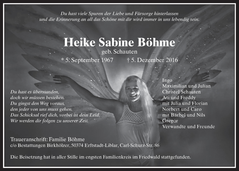  Traueranzeige für Heike Sabine Böhme vom 21.12.2016 aus  Werbepost 