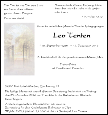 Anzeige von Leo Tenten von Kölner Stadt-Anzeiger / Kölnische Rundschau / Express