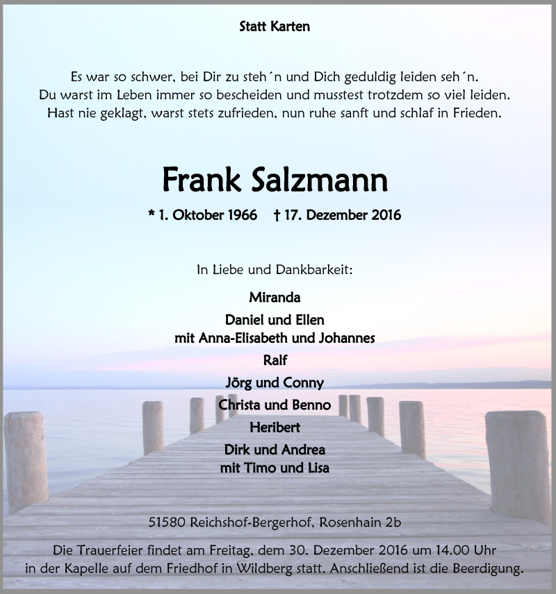  Traueranzeige für Frank Salzmann vom 28.12.2016 aus  Anzeigen Echo 